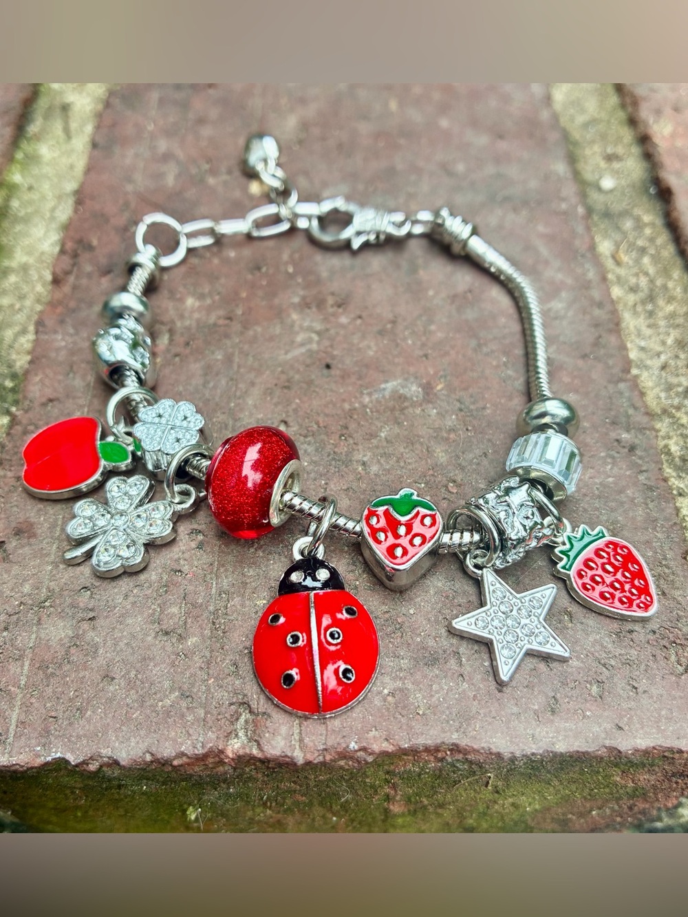 🐞 Lucky Charm Bracelet with Ladybug, Clover, Star, Apple, & Strawberry Charms🍓
